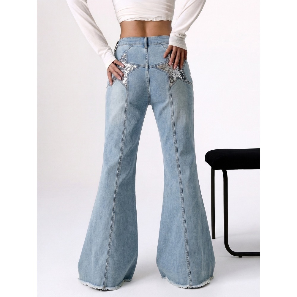 Peach Love California Sequin Star Flare Jeans Light Wash Bell Bottom Womens L‎